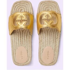 Gucci Interlocking G Cut Out Espadrille Gold Leather GG Slide Sandal 38.5